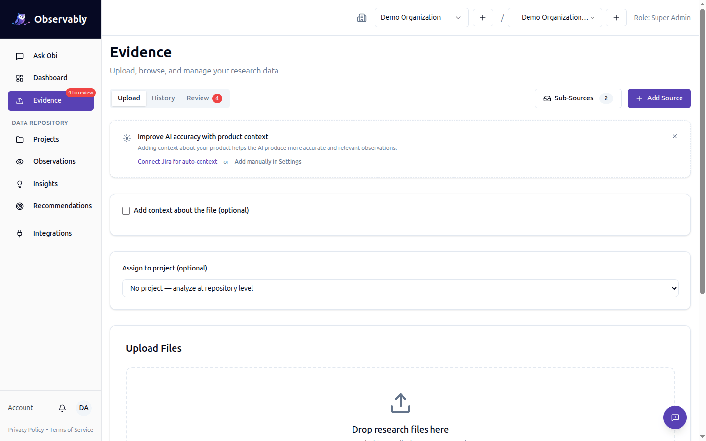 Data ingestion flow showing file upload and AI extraction