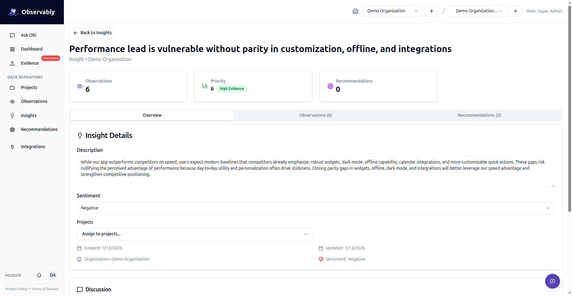 Insights page showing synthesized findings with evidence