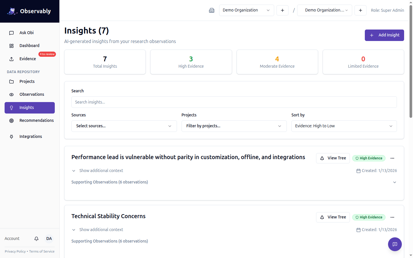 Insights page with AI-generated analysis