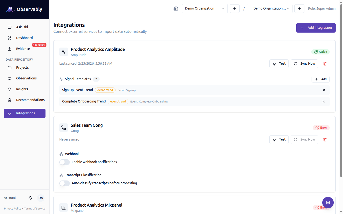 Integrations settings page with connected tools