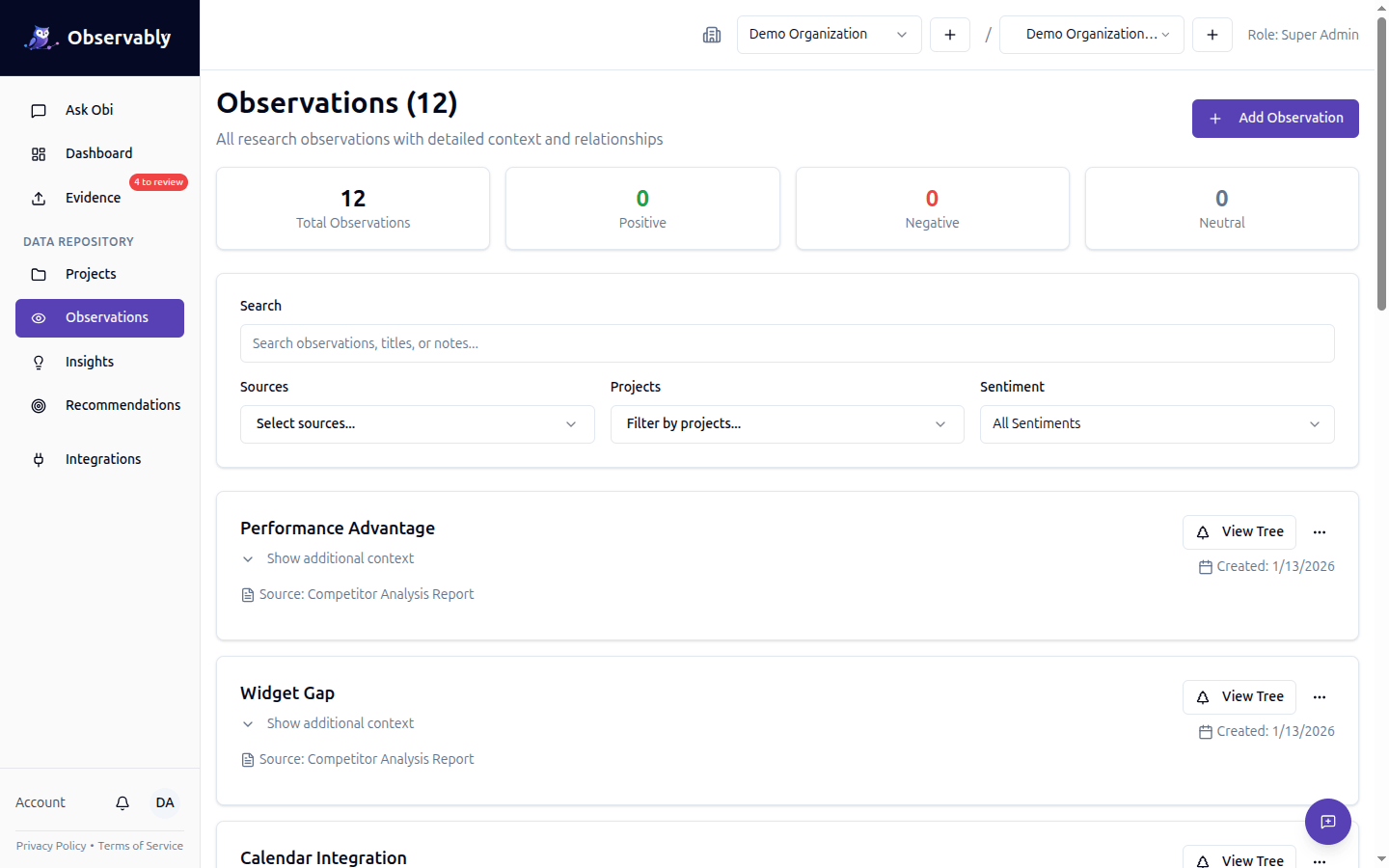 Observations list with AI-extracted data