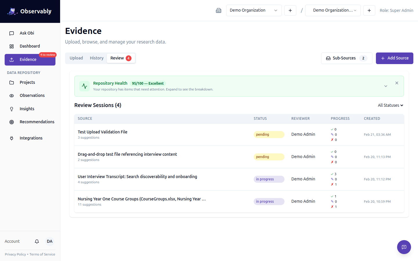 Review queue with pending observations for approval